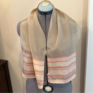 St Michael vintage long silk scarf, ecru/cream/pink, sheer, stripes, rectangular